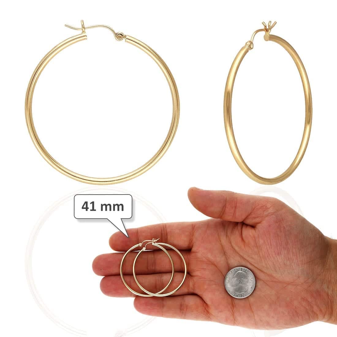 14K Yellow White Gold 2mm Round Hoop Earrings 22mm-76mm