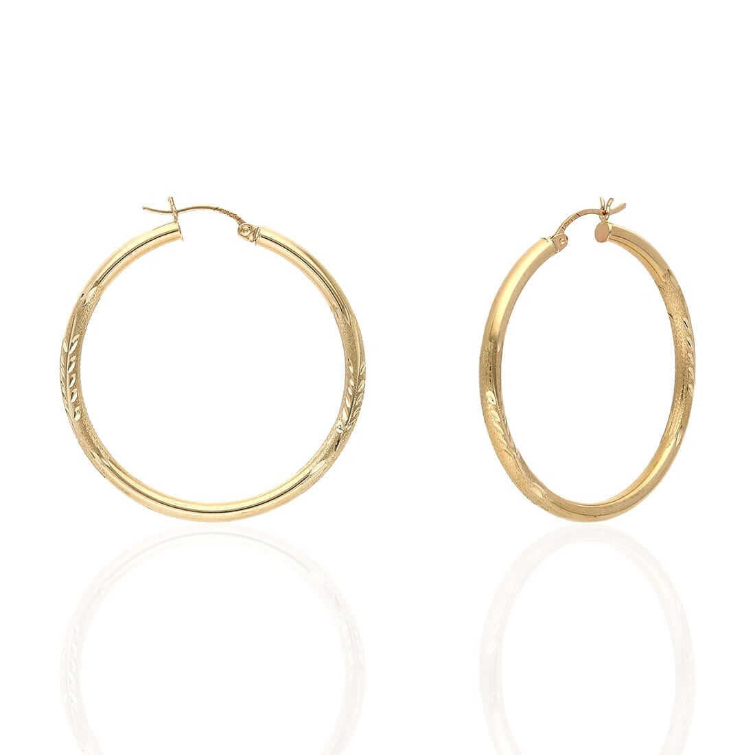 14K Solid Yellow & White Gold 3mm Diamond-Cut Finish Hoop Earrings 19-75mm