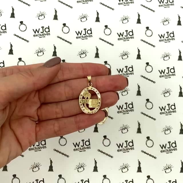 10K Real Gold CZ Puerto Rico Palm Tree Oval Shape Disc Pendant