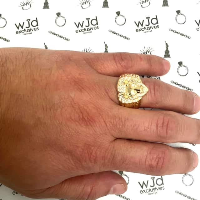 14K Gold Yellow CZ Lion Face Signet Mens Ring