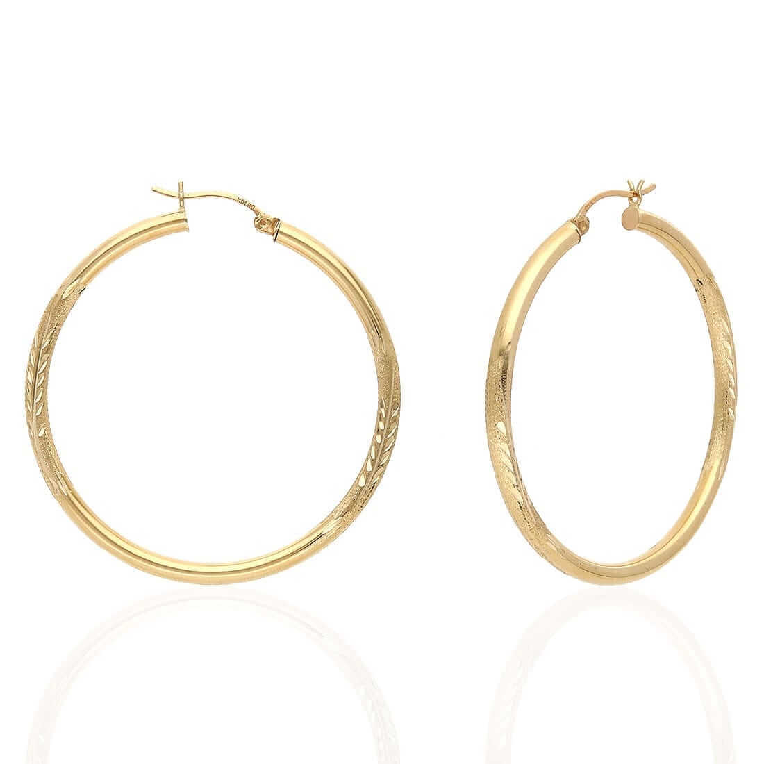 14K Solid Yellow & White Gold 3mm Diamond-Cut Finish Hoop Earrings 19-75mm