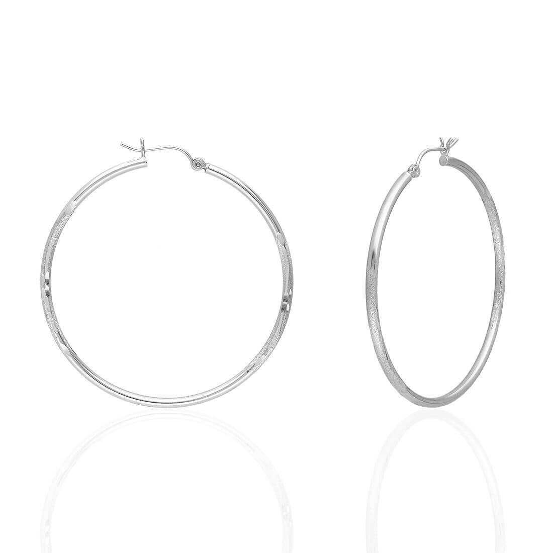 14K White Gold 2mm Diamond-Cut Round Hoop Earrings 22-76mm