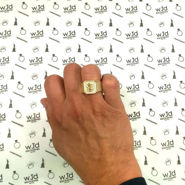 10K Gold Yellow CZ Pave Dollar Sign Signet Mens Ring