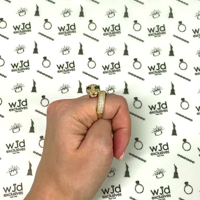 14K Yellow Gold CZ Pave And Emerald 3D Panther Cocktail Ring