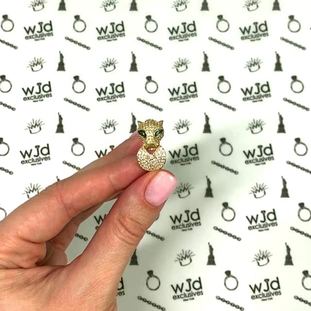14K Gold Yellow CZ Pave And Emerald 3D Panther Ring