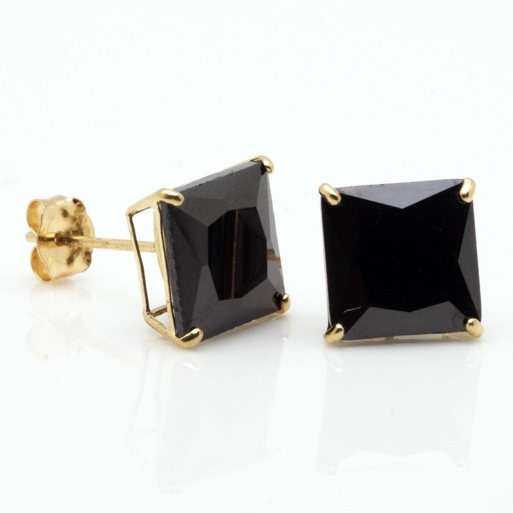 14K Yellow Gold 4Ct Simulated Black Diamond Princess Cut Stud Earrings