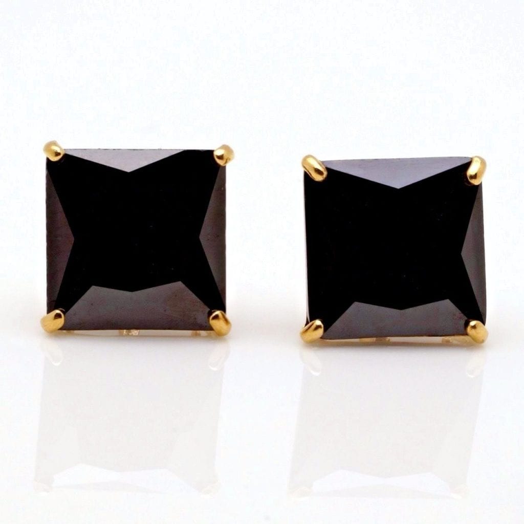 14K Yellow Gold 4Ct Simulated Black Diamond Princess Cut Stud Earrings