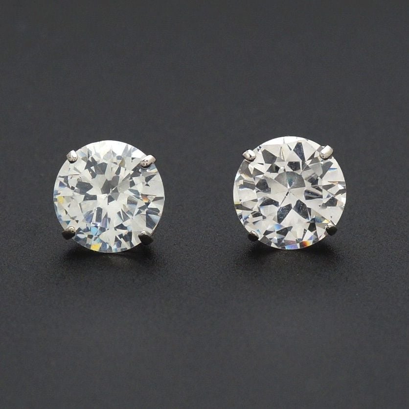 14k White Gold 4CTW Round CZ Push Back Studs Earrings 8mm