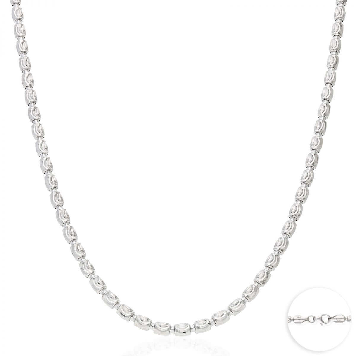 Sterling Silver 2mm-4mm White Half Moon-Cut Oval Barrel Beaded Chain (Solid Links) 18"-26"