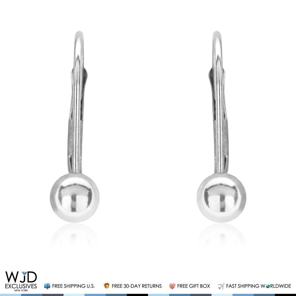 4mm Diameter Ball Lever Back Earrings 14K Solid White Gold 0.7"