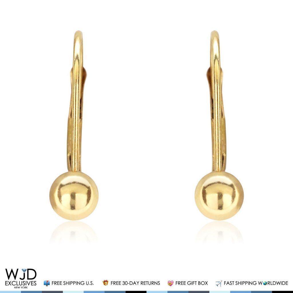 4mm Diameter Ball Lever Back Earrings 14K Solid Yellow Gold 0.7"