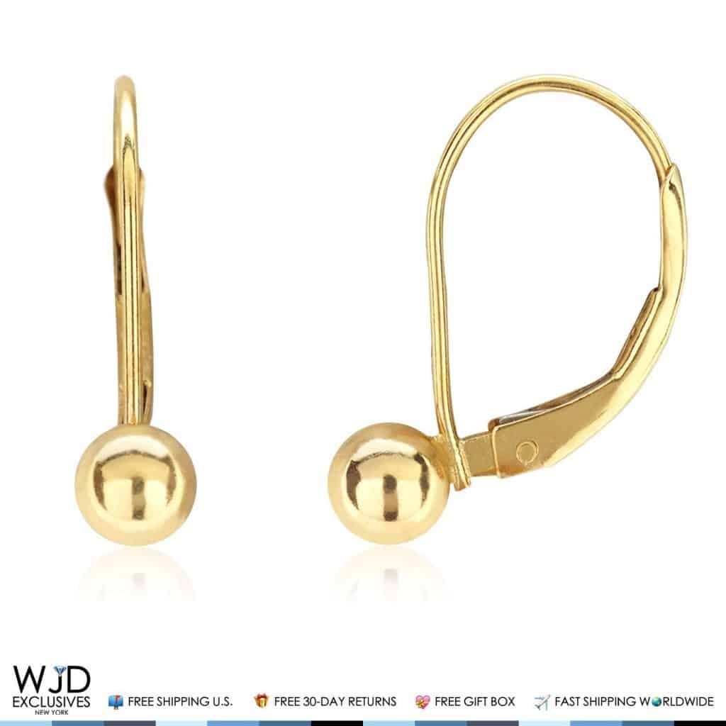 4mm Diameter Ball Lever Back Earrings 14K Solid Yellow Gold 0.7"
