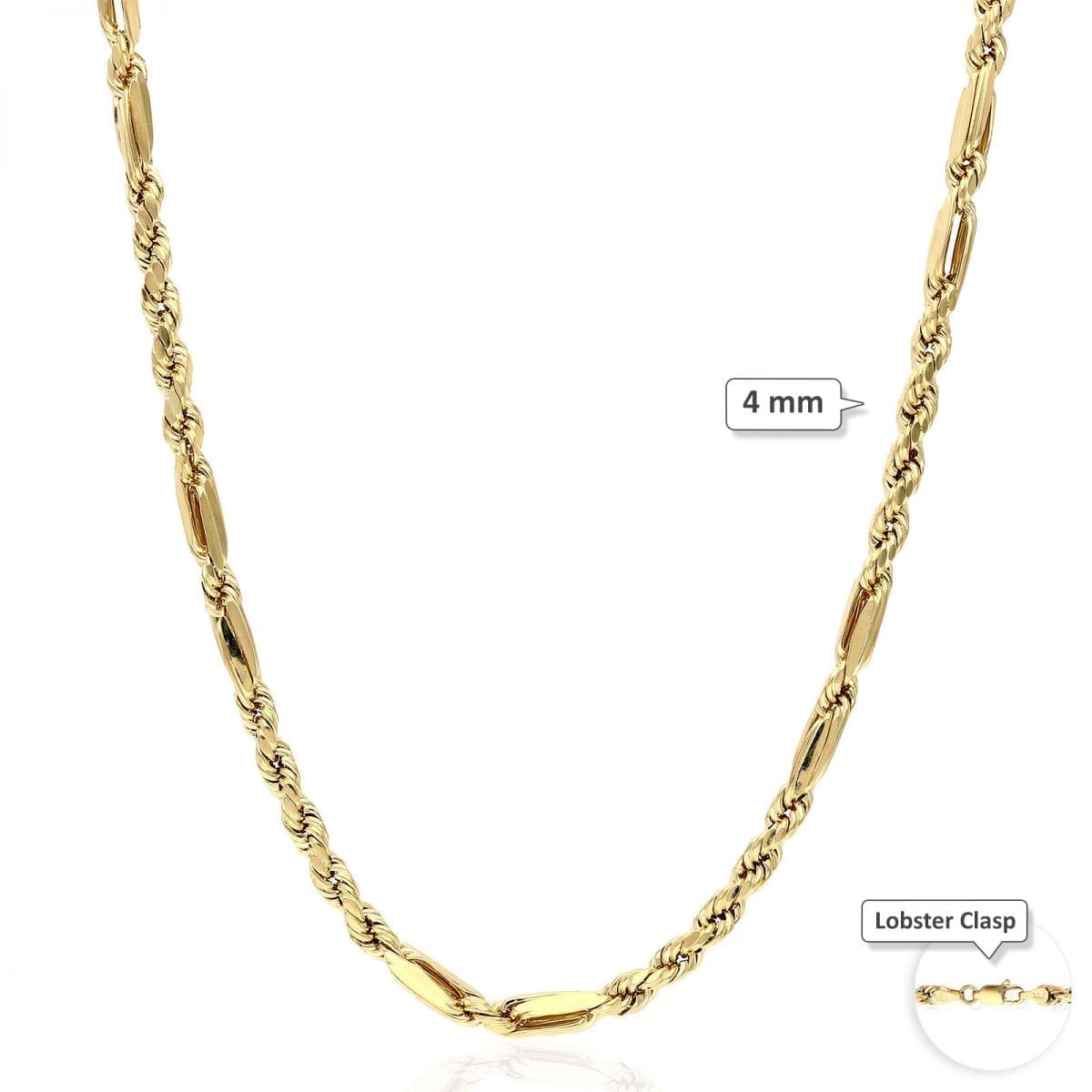 10K Solid Gold Diamond-Cut 4-8mm Milano Hollow Figaro Rope Chain Necklace 20-32"