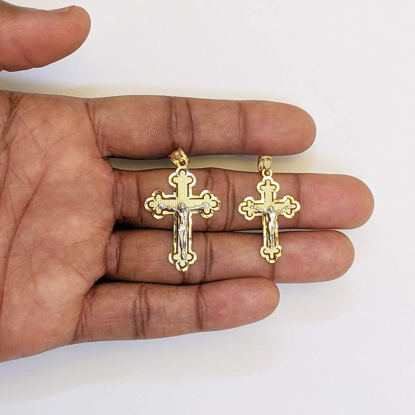 14K Real Gold Two-Tone White Yellow Jesus Crucifix Cross Pendant 1.4", 1.7"