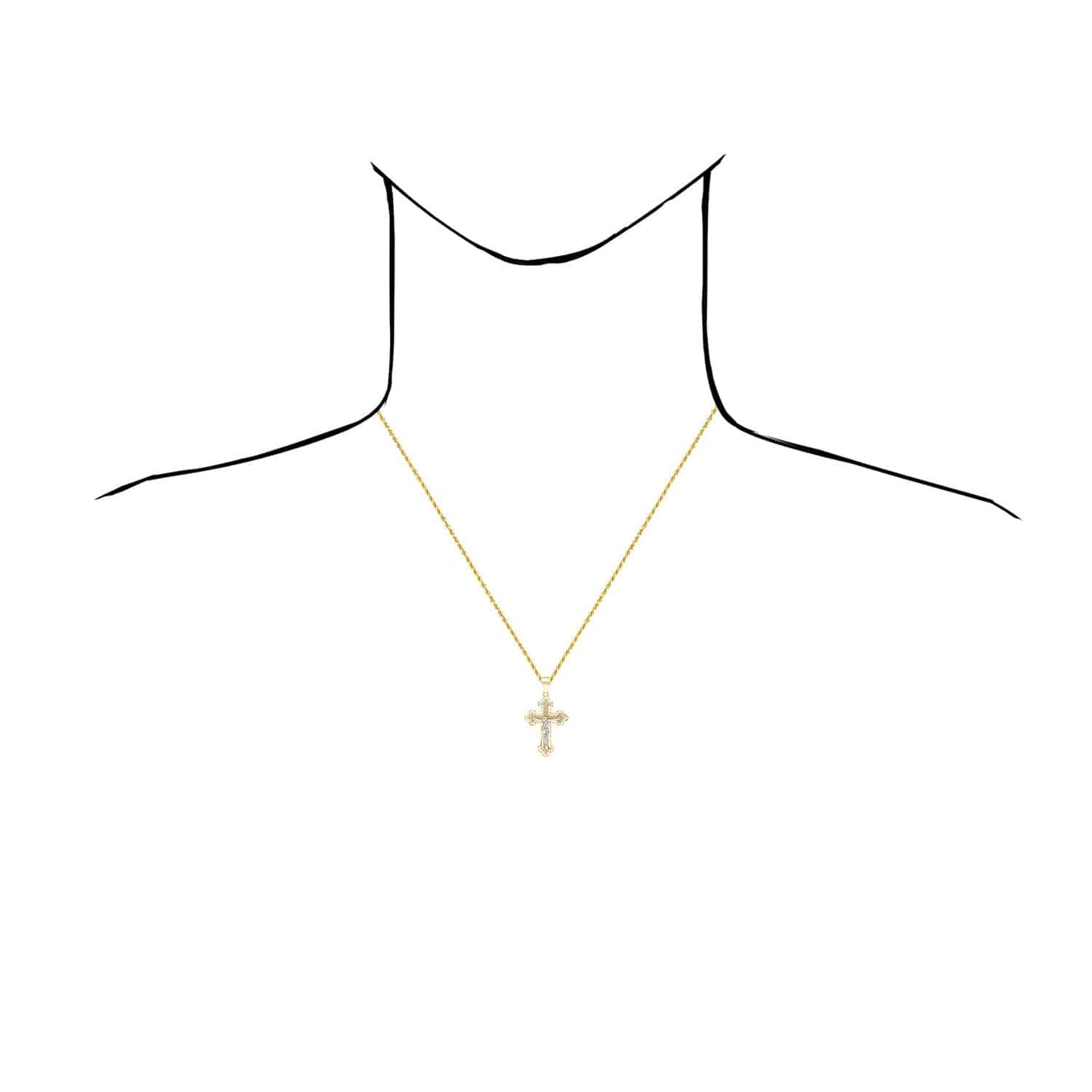 14K Real Gold Two-Tone White Yellow Jesus Crucifix Cross Pendant 1.4", 1.7"