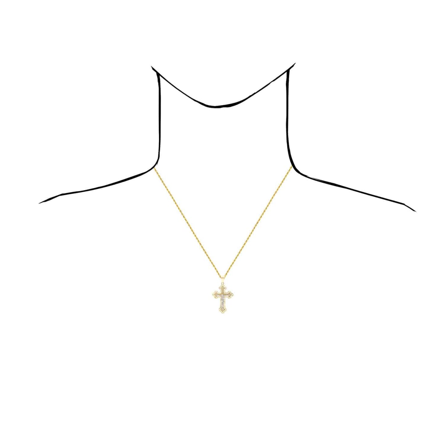 14K Real Gold Two-Tone White Yellow Jesus Crucifix Cross Pendant 1.4", 1.7"