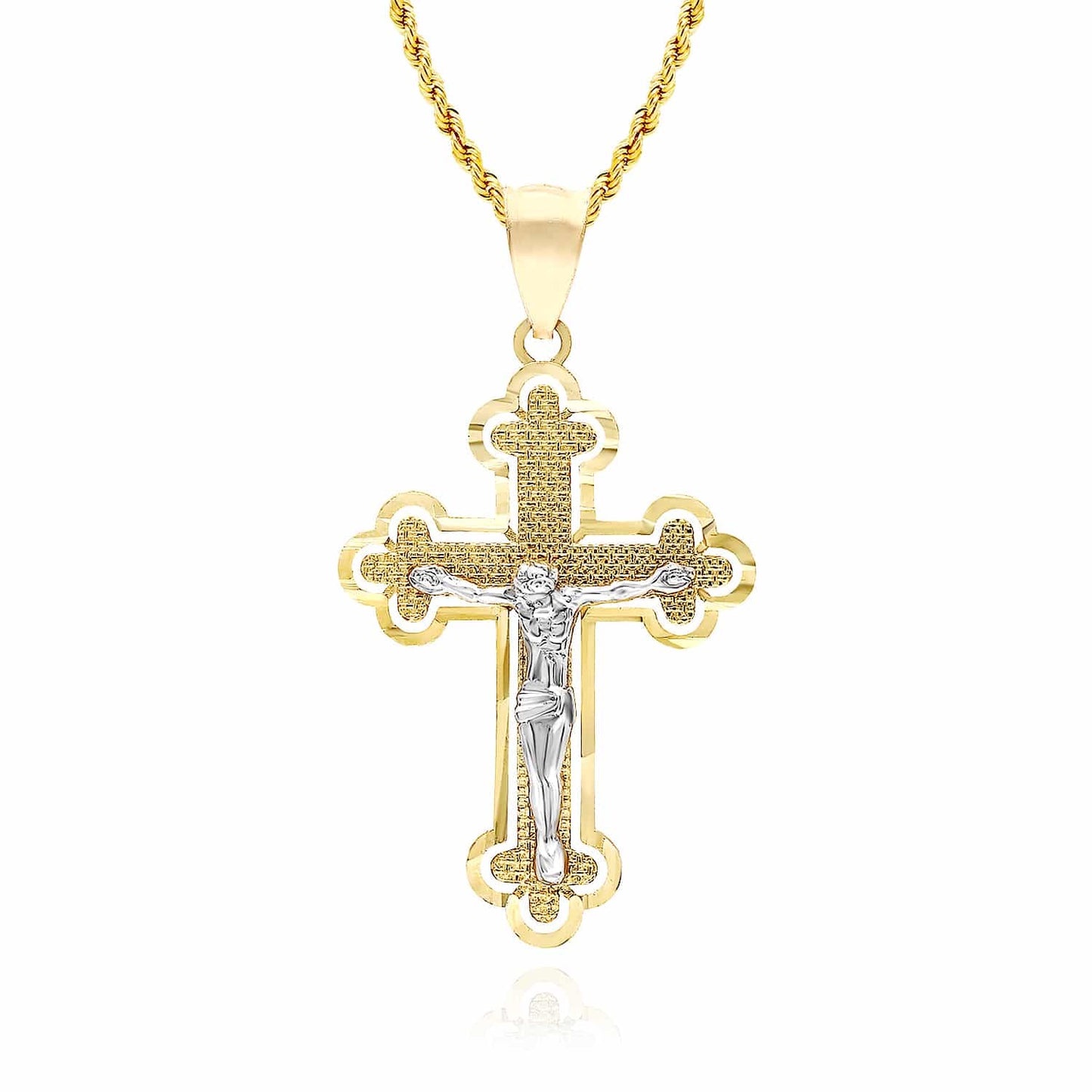 14K Real Gold Two-Tone White Yellow Jesus Crucifix Cross Pendant 1.4", 1.7"