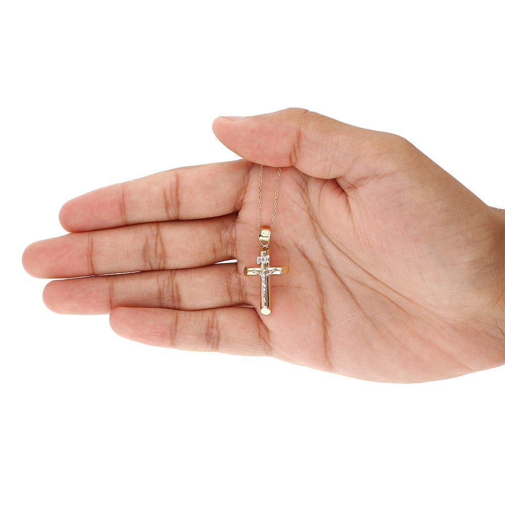 14k Yellow & White Gold Crucifix Cross Religious Charm Pendant INRI
