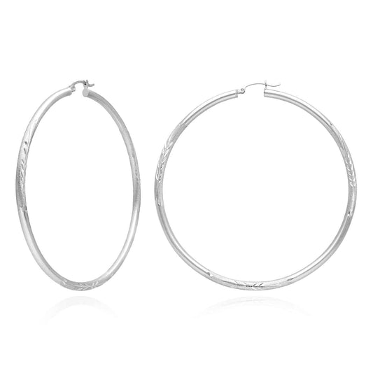 14K Solid White Gold 3mm Thick Diamond Cut Hoop Earrings 2.7"