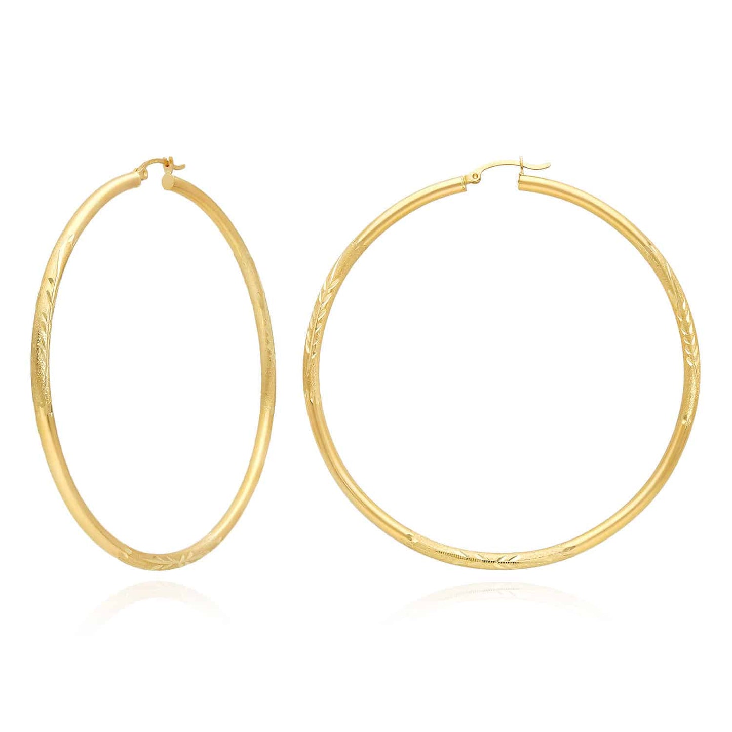 14K Solid Yellow Gold 3mm Thick Diamond-Cut Hoop Earrings 2.7"