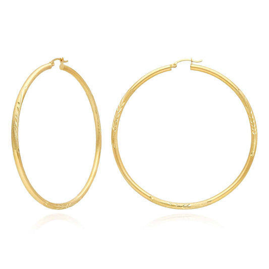 14K Yellow Gold 3mm Thick Diamond-Cut Hoop Earrings 2.7"