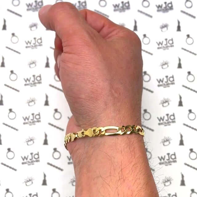 Solid 18K Yellow Gold Over Silver 6.2mm Figaro Bracelet 8"-9"