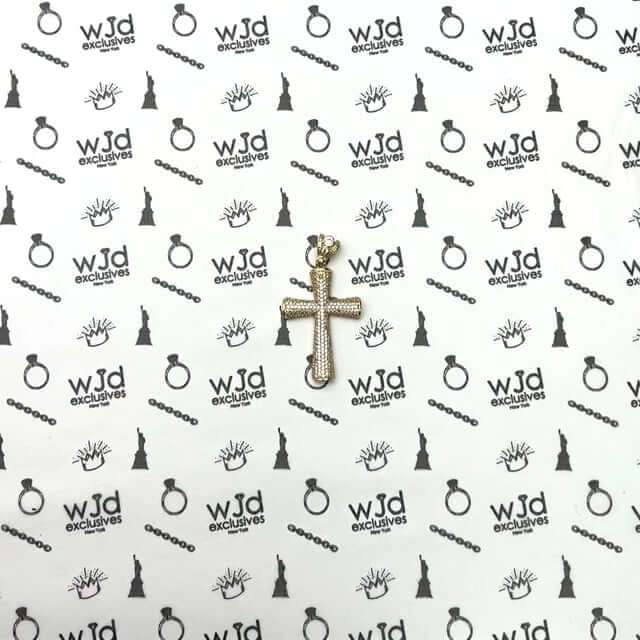 14K Yellow Gold CZ Pave Round Edges Cross Pendant 2"