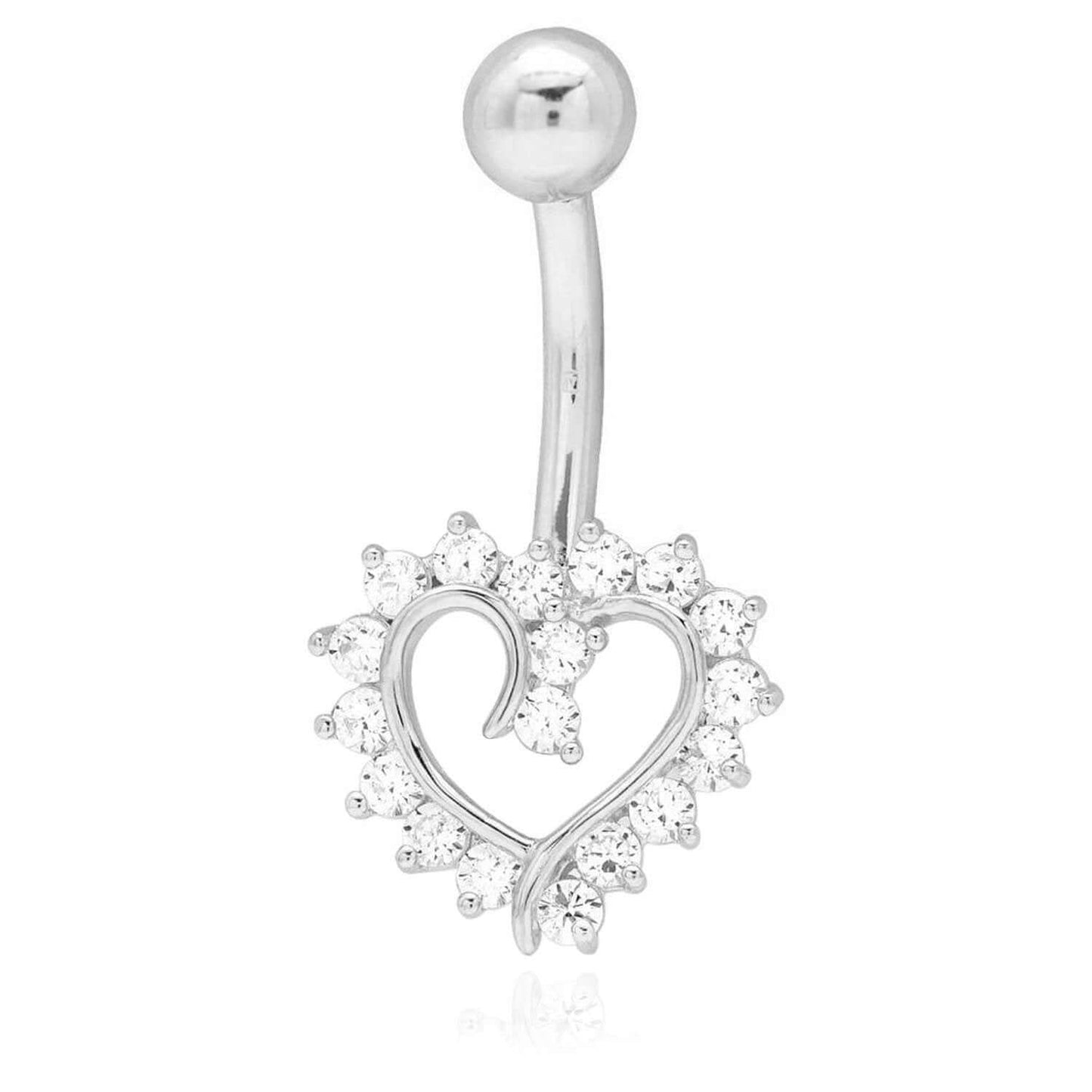 14K White Gold CZ Open Heart Belly Button Navel Ring