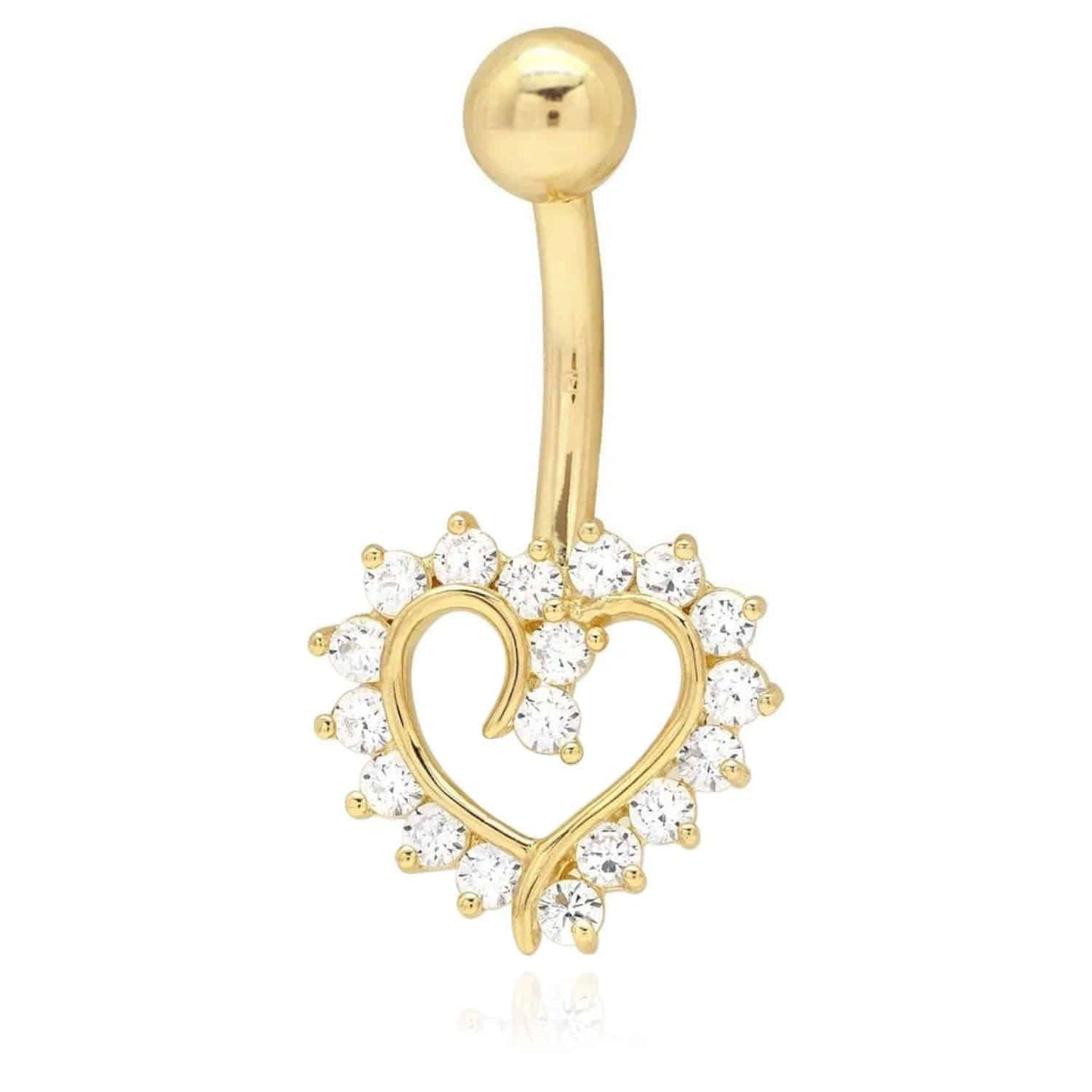 14K Real Gold White CZ Open Heart Belly Button Navel Ring