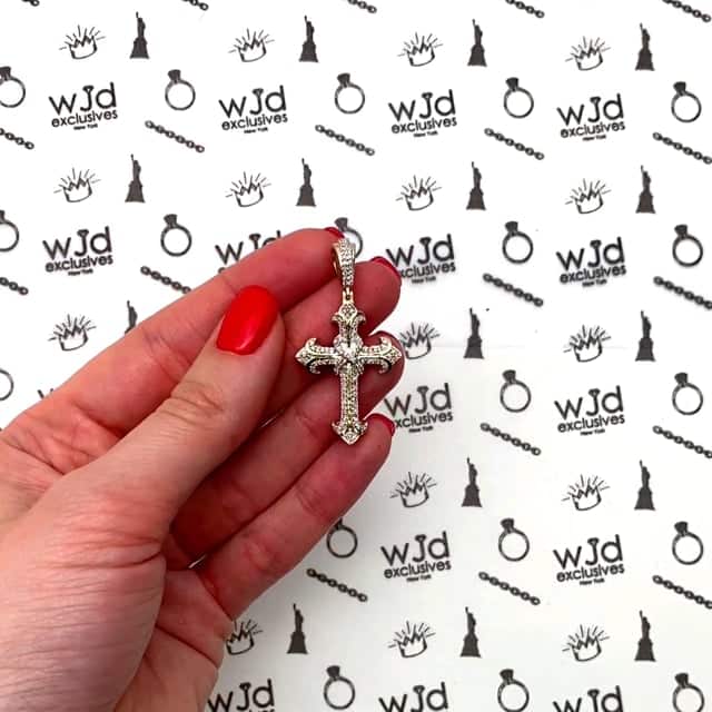 0.46CT TW. Real Diamond Cross Pendant 10K Yellow Gold 1.6"