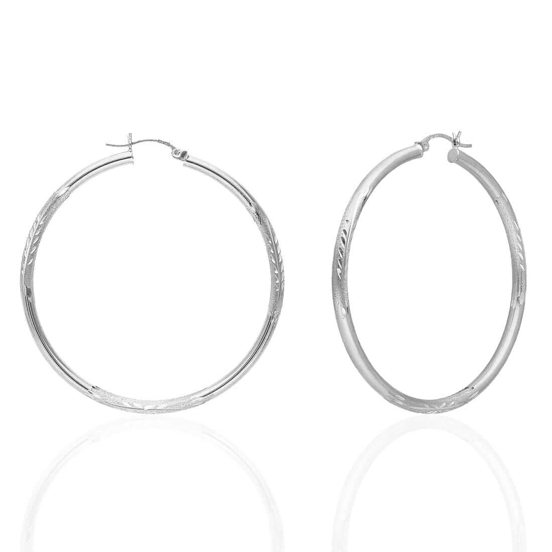 14K Solid Yellow & White Gold 3mm Diamond-Cut Finish Hoop Earrings 19-75mm