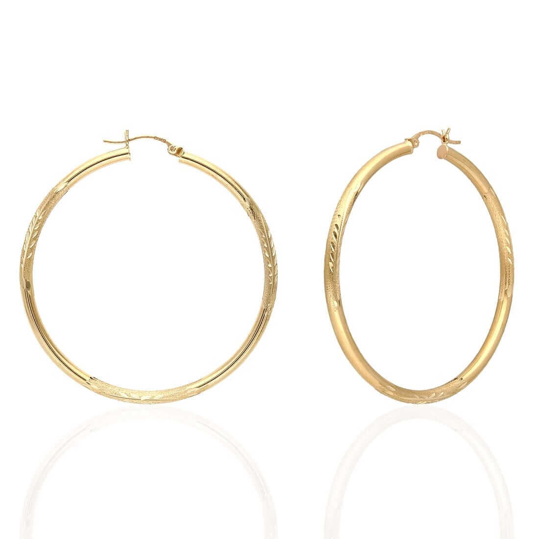 14K Solid Yellow & White Gold 3mm Diamond-Cut Finish Hoop Earrings 19-75mm