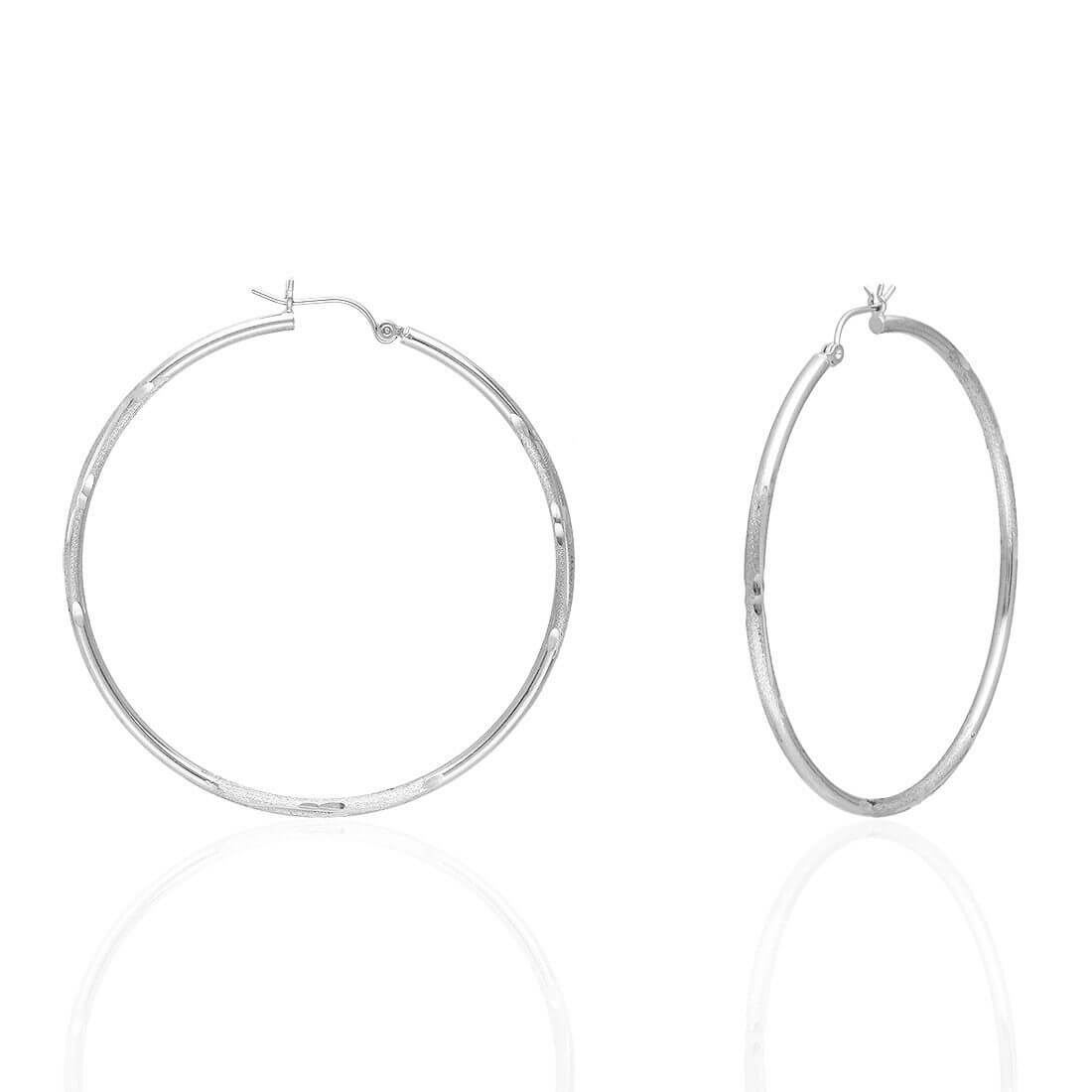 14K White Gold 2mm Diamond-Cut Round Hoop Earrings 22-76mm