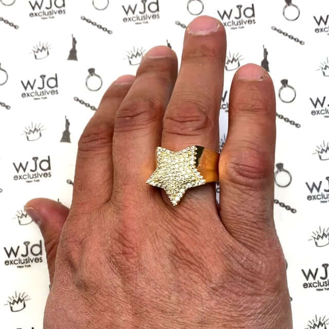 14K Yellow Gold CZ Pave Massive Five Pointed Star Signet Ring