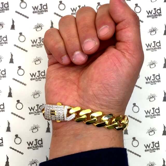 10K Yellow Gold Classic Plain with Swarovski Lock 13mm Miami Monaco Bracelet (Hollow) 8.5"
