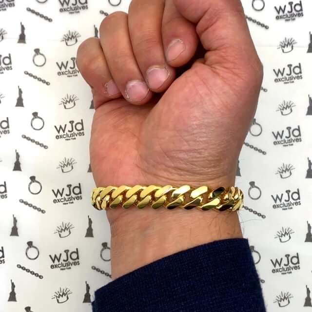 10K Yellow Gold Classic Plain with Swarovski Lock 11mm Miami Monaco Bracelet (Hollow) 8.5"
