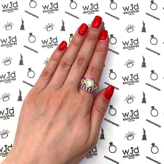 14K Gold Yellow 1.40CTW CZ Ruby Royal Crown Hearts Cocktail Ring