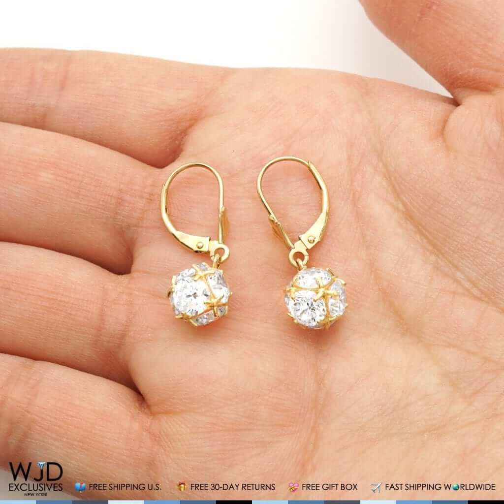 14K Yellow Gold 5.65Ct Simulated Round-Cut Diamond Dangle Leverback Earrings