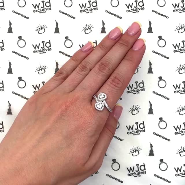 14K Gold White CZ Two Halo Hearts Wrap Ring