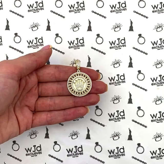 14K Yellow Gold CZ Crown Round Medallion Pendant 1.46"