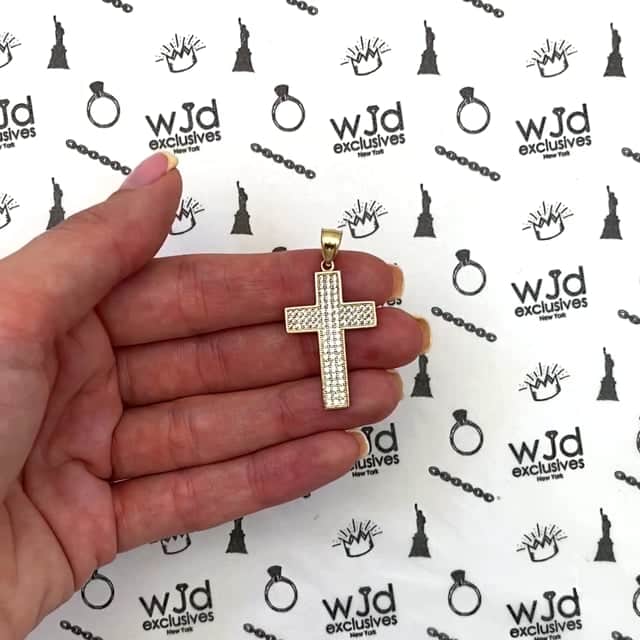 14K Yellow Gold CZ Pave Cross Pendant 1.57"