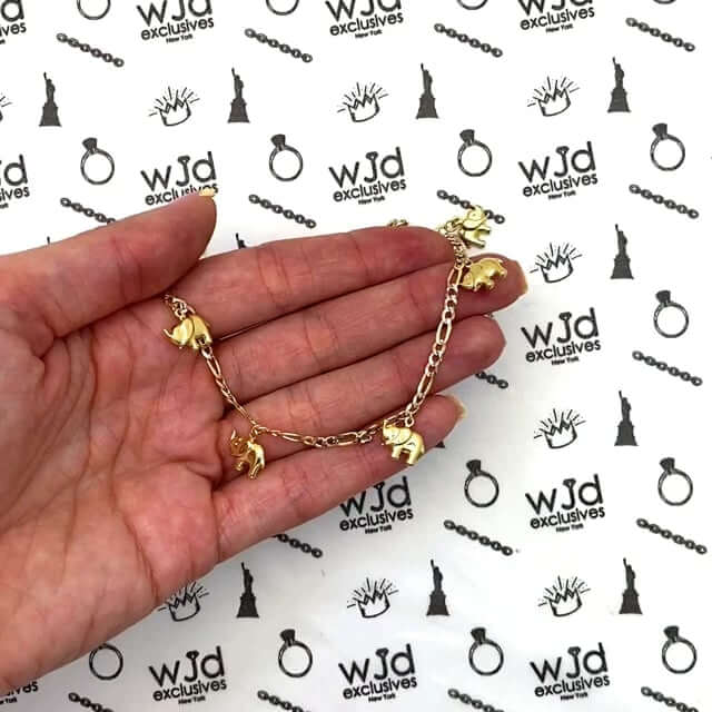 14K Gold Yellow Diamond-Cut Figaro Elephant Charm Anklet 9"-10.5" Adjustable