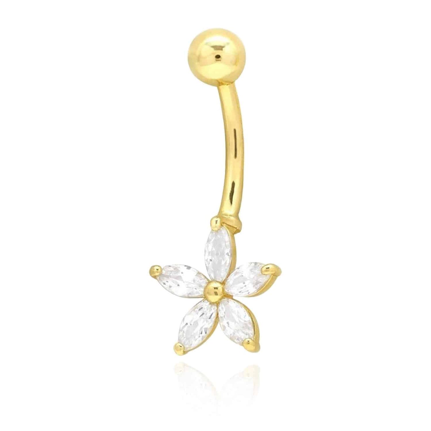 14K Real Gold White CZ Flower Belly Navel Ring 1"