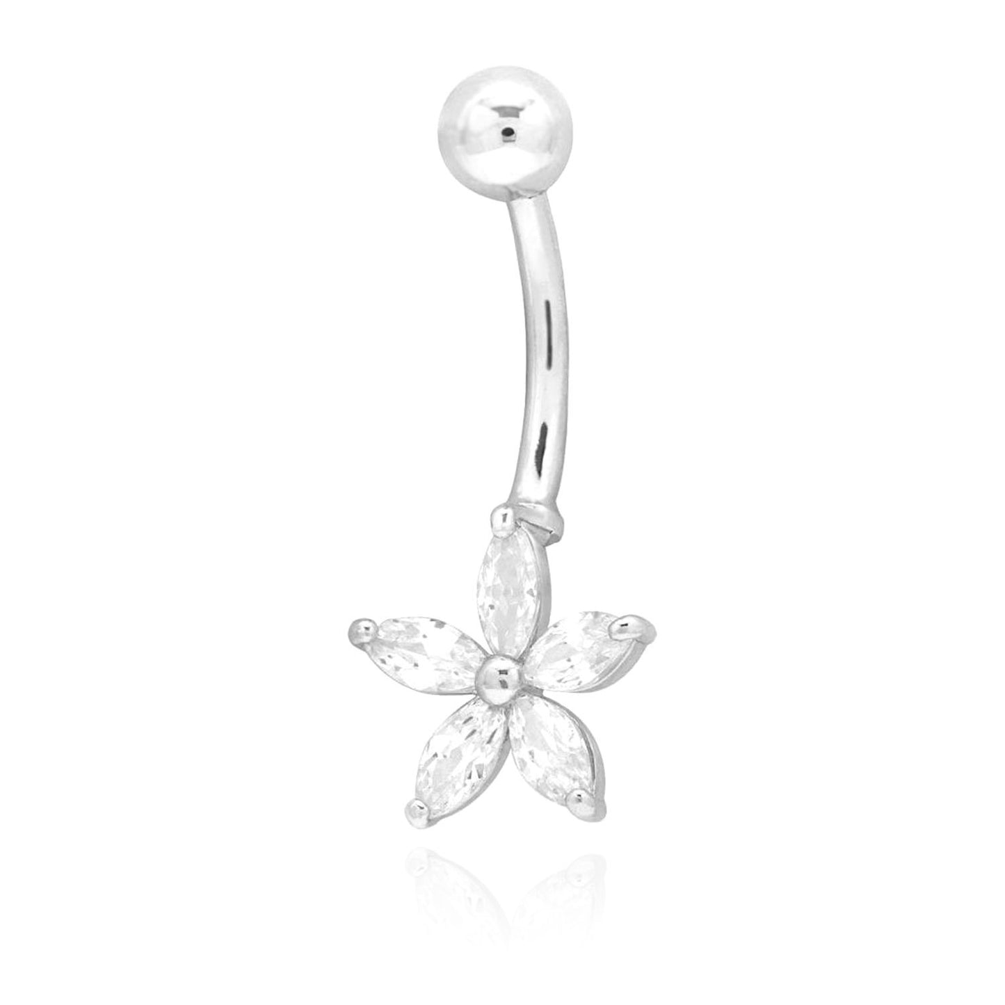 14K Real Gold White CZ Flower Belly Navel Ring 1"