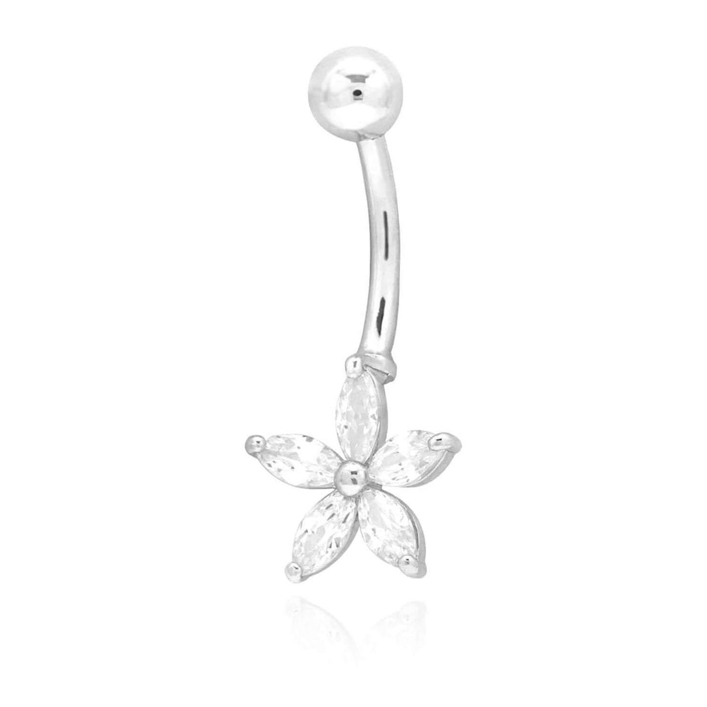 14K White Gold CZ Flower Belly Navel Ring 1"