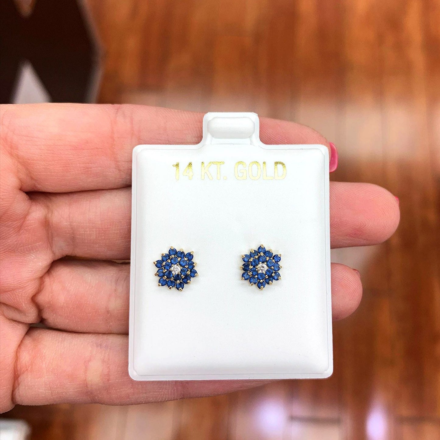 14K Solid Yellow Gold Created Blue Sapphire Flower Stud Earrings 7.5mm