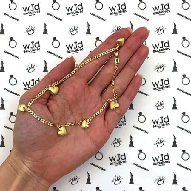 14K Yellow Gold Puffed Hearts Charm Cuban Anklet Bracelet 9"-10" Adjustable