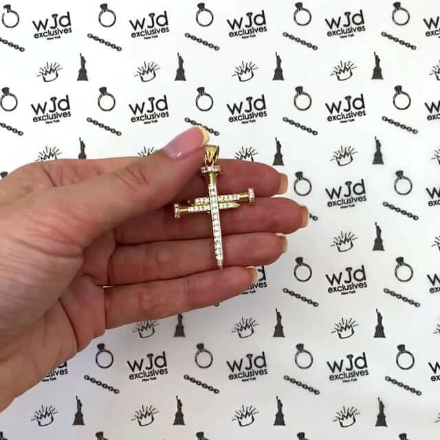 10K Yellow Gold CZ Pave Nail Cross Pendant 1.77"