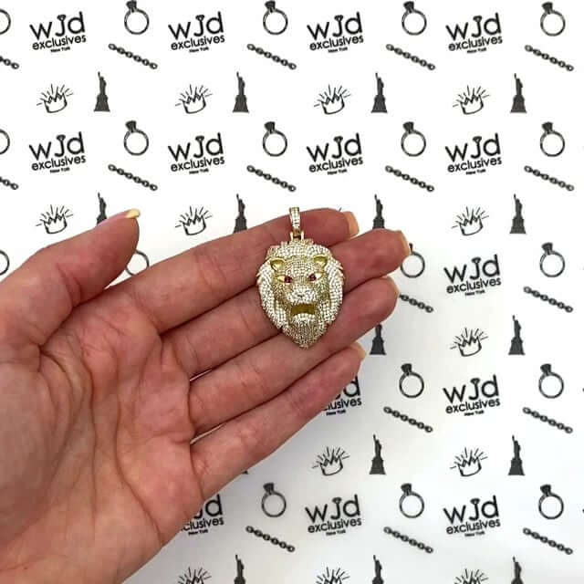 6.25CTW CZ Red Ruby Eye 14K Yellow Gold Lion Face Pendant 1.6"