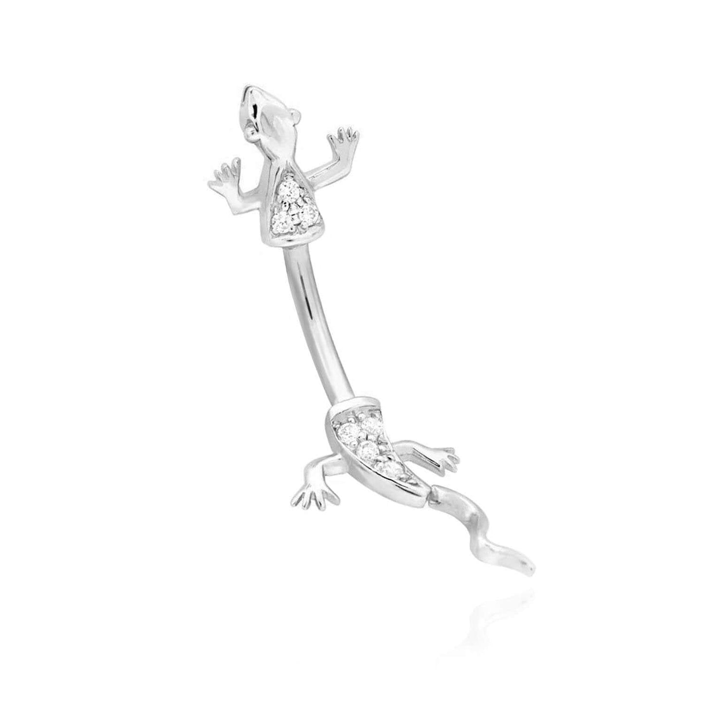 14K White Gold CZ Lizard Belly Button Navel Ring 14G